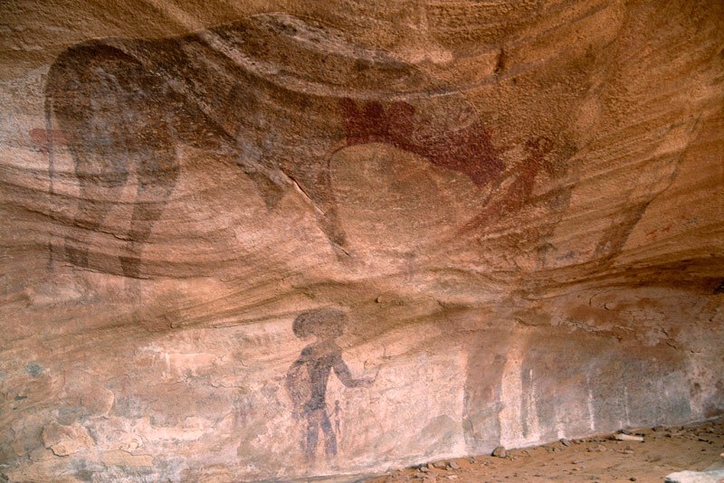 Oued Djaret, Algeria. Oblique view of back wall of shelter. Above, large red cow facing right and superimposing white animal has red man, one knee bent and holding object at cow’s nose. Image ID: algdja0040011