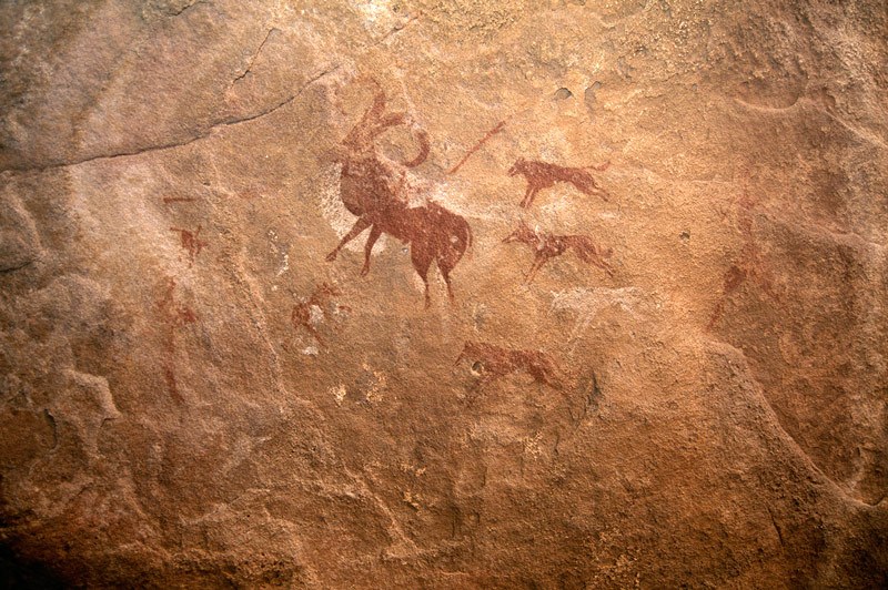 Tadrart, Algeria.Dark red mouflon (wild sheep) with spear in back surrounded by red and white dogs and three red men, one running from right holding stick. Image ID: algtdr0020012