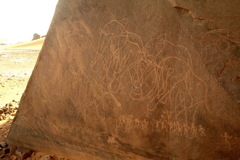 Tadrart, Algeria. Closer view of left section of engraved elephants. Image ID: algtdr0040004