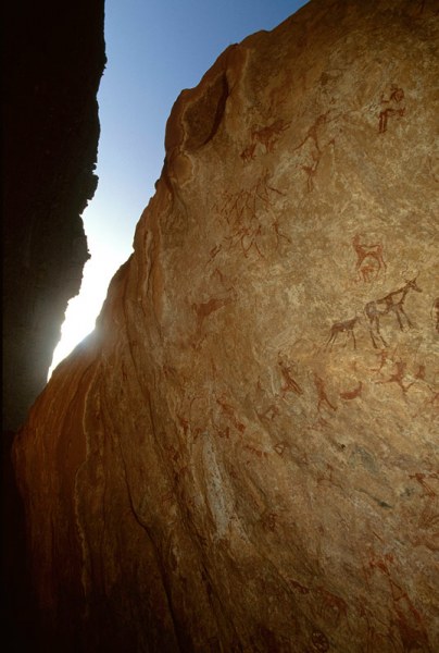 Oued Djerat, Algeria. Oblique view of painted panel in Oued Djerat. Note wheel of chariot and other images at bottom. Image ID: algtod0200001