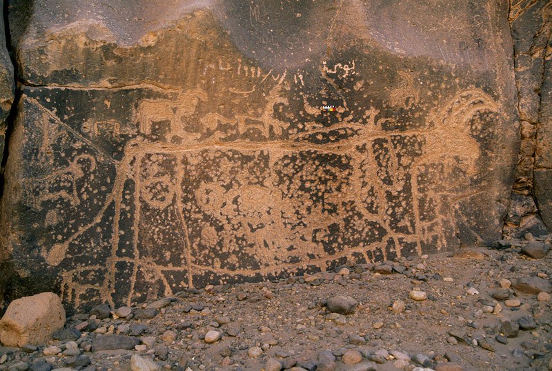 Tibesti Mountains. Recorder drawing pecked engravings on wall of gorge. Crude engraving of large cow in background. Note graffiti in Roman (HASSN) and Arabic script and dates. Image ID: chatim0010015
