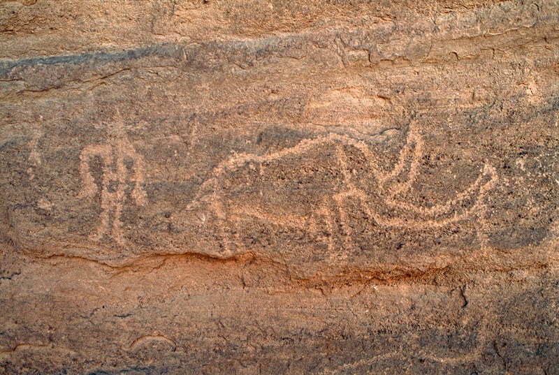 Tibesti Mountains. Crudely pecked outline engravings lacking patina of man with headdress facing forward and elephant, one leg back and front, facing right. Date uncertain, probably Horse or Camel Period. Image ID: chatim0030035