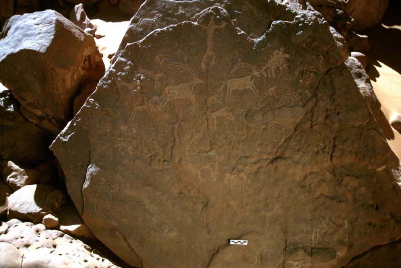 Gilf Kebir. scene of dogs attacking three oryx below man facing forward with arms spread.ID: egywha0030004