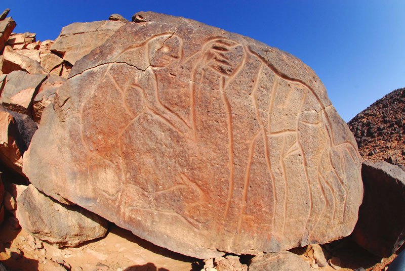 Messak. Engraving of elephant facing left, confronted by a mythical, human-like figure, and a small animal at the bottom, facing right. Image ID: libmes0170028