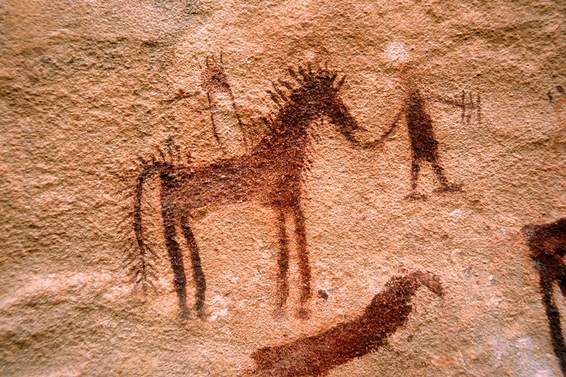 Tagant, Mauritania. Line of dark maroon horses and riders. White ‘stick’ horses and riders. White armed man superimposing red horseman. Image ID: mauaio0010002