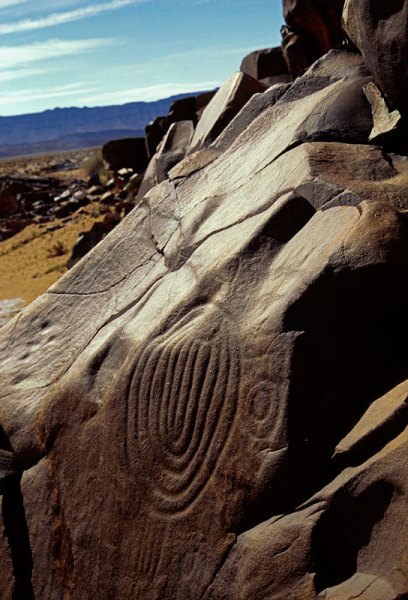 Atlas Mountains, Morocco. Engraving pecked and ground into a sloping sandstone pavement of concentric circles and three concentric ovals within three concentric circles. Image ID: moratm0080008