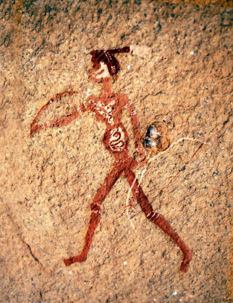 Detail of the last figure approaching the giraffe on the Brandberg massif painting. Notice the snake in the stomach