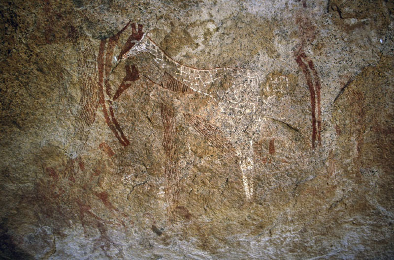 a pair of giraffes with red faces and red lines from spine to tail. Lines emanate from their heads perhaps representing rain