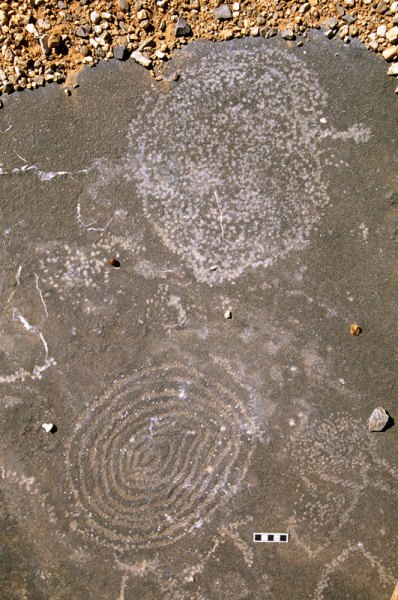 Aar Farm, Namibia. Large spiral and large block-pecked ‘kidney-shape’. Scale bar. Image ID: namsna0010005
