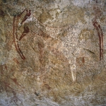 a pair of giraffes with red faces and red lines from spine to tail. Lines emanate from their heads perhaps representing rain
