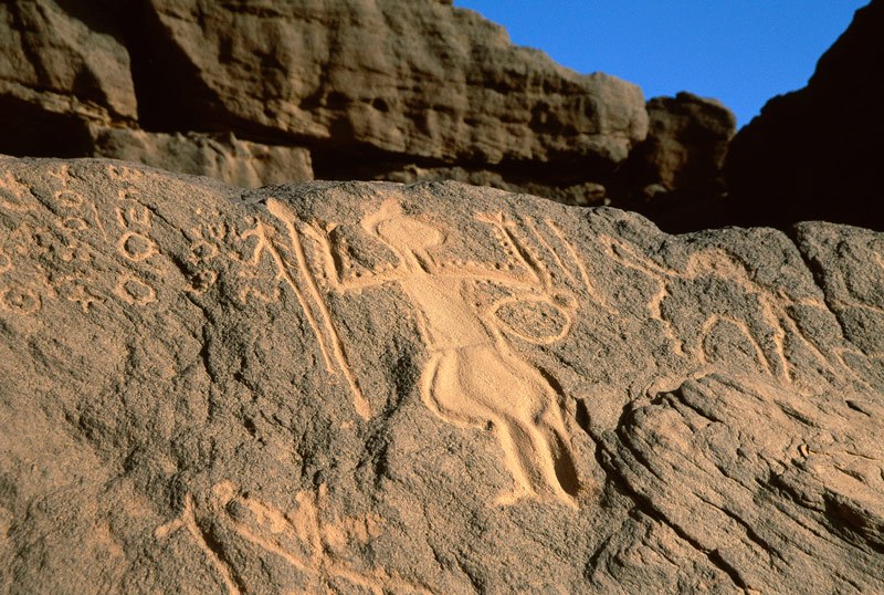 Northern Air Mountain. Reground engraving of Libyan warrior wearing decorated tunic and breeches. Spear/club near hand, and shield hanging from elbow. Crude outline camel. ‘Stick’ man with one enormously elongated leg. Part image of man mounted on horse. Ancient Tifinagh script. Image ID: nignam0020020
