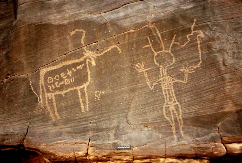 Western Air Mountains, Niger. Pecked outline domestic bull with body decorated with two horizontal lines of ancient Tifinagh script. To right of bull, slim Libyan warrior with round outline head and three feathers, long neck and one earring, striped jacket and breeches, raised hands one holding elongated leg of schematic ostrich. Image ID: nigwam0050024