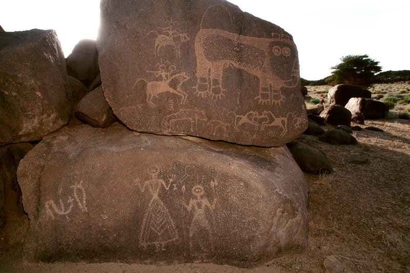Western Air Mountains, Niger. Block-pecked decorated lion, head turned forwards, open mouth with teeth, five claws on front and six claws on rear paws, and zigzag decoration on stomach. Behind lion are two warriors with spears and shields mounted on horses. Below lion are two pecked outline dogs, and two horses face-to-face with block-pecked decoration. Image ID: nigwam0130015
