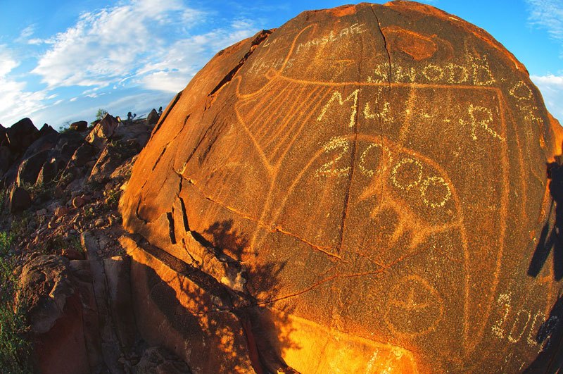 Morodi. Oblique views of cow with udder and graffiti. Below udder are two pecked circles each containing a three spokes. Image ID: somgab0100024