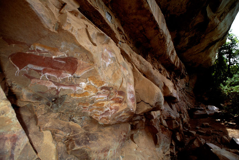 Polychrome paintings of eland antelope made by ancestral San hunter-gatherers, perhaps 1500 to 200 years ago at an important site in the Ukhahlamba-Drakensberg National Park, SOADRB0040011