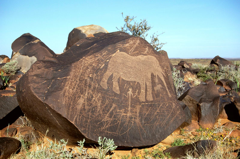 Engraving of an elephant with a baby elephant under its trunk apparently surrounded by human figures possibly hunters, or therianthropes. Engraving has been deliberately scratched, SOANTC0050031