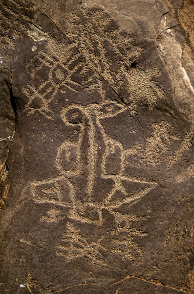 Complex engraving of a bird at top left and what could be a geometric design or a mythical animal, SOASTR0010054