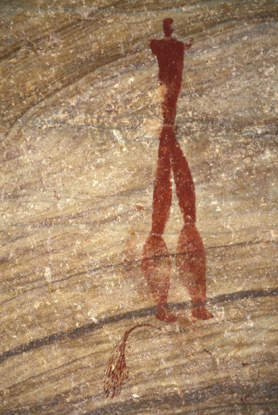 Close-up of painted human figure. He is apparently extraordinarily tall and has large calves. Possible flywhisk such as is used in San healing trance dances lies at his feet, SOASWC0020009