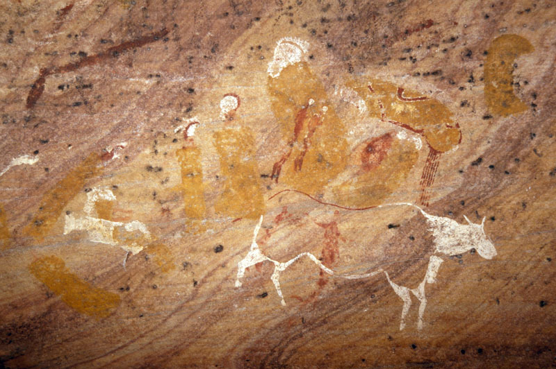 Polychrome paintings of human figures and an animal, possibly a cow. Interestingly, the more prominent human figures are painted in yellow unlike the usual red pigment common in San paintings, SOASWC0020015