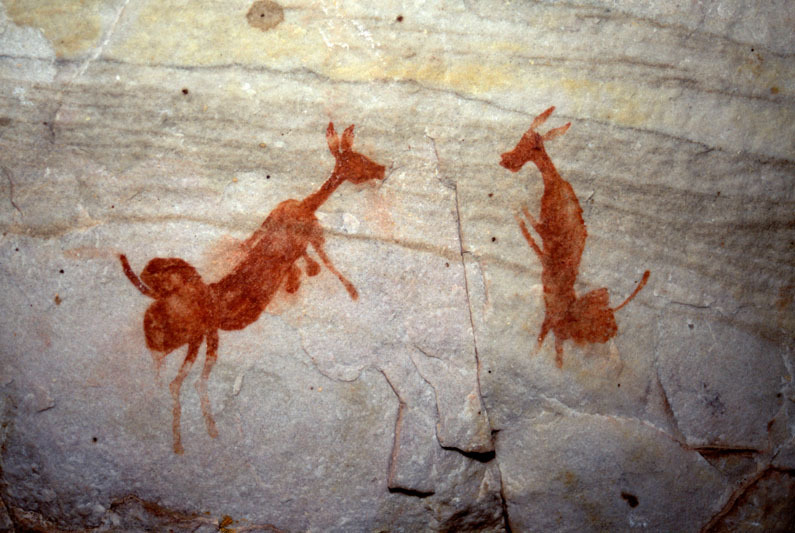 Close up of 2 therianthropes facing each other. The prominent buttocks suggest they may be female, SOASWC0090011