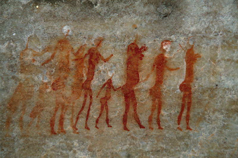 Painting showing a line of mixed-gender and mixed age human figures walking right, SOASWC0130105
