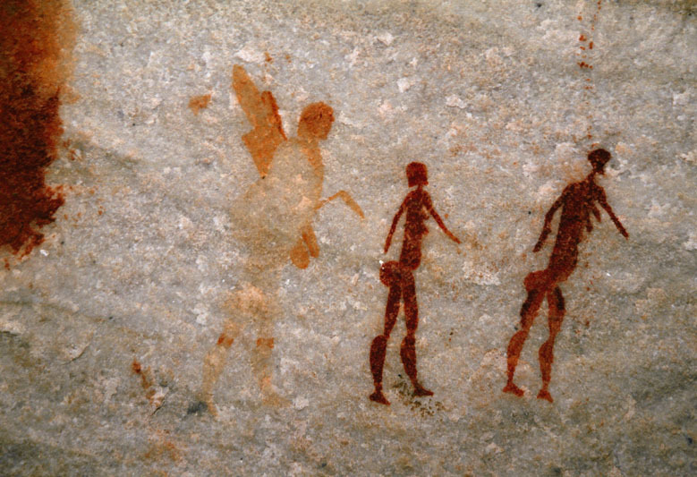 Painting showing human figures walking right. The last figure in the line is painted in a lighter colour and seems to be carrying a load, SOASWC0130108
