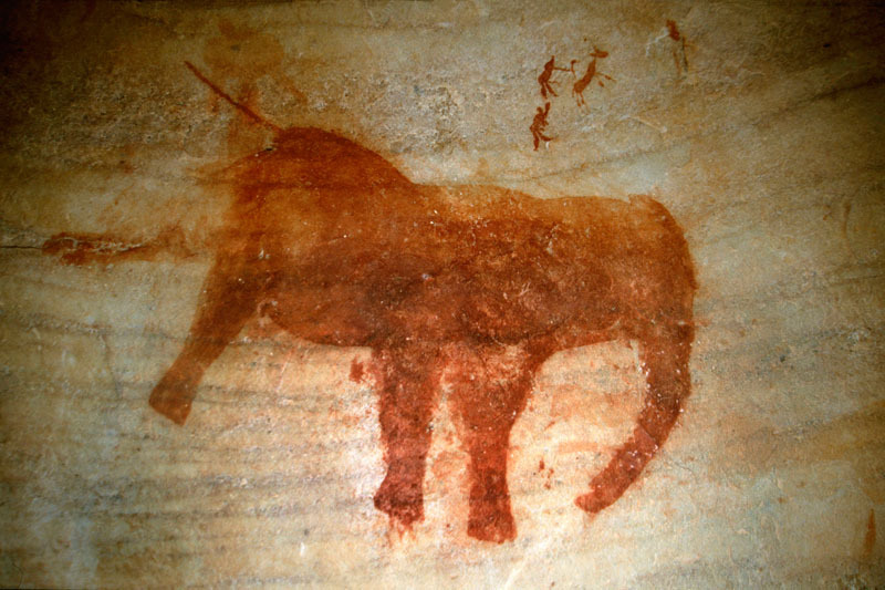Painting of an elephant. Above elephant smaller human and animal figures are shown, SOASWC0130118