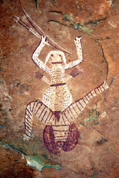 Drakensberg, South Africa. Enigmatic maroon and white highly decorated figure with male and female attributes and swollen stomach, holding bow and two arrows and having two quivers full of arrows on back. Image ID: soadrb0030003