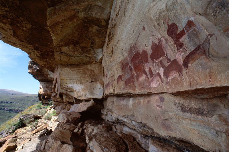 Drakensberg, South Africa. Oblique view of main painted panel. Fine-line polychrome eland, colours carefully shaded to suggest mass; and numerous people standing, running, wearing karosses, some holding bows. Image ID: soadrb0080007