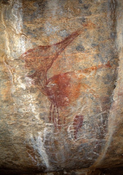 Giraffes, small outline striped red animal and white pear-shaped geometric design. Note red rectangular outline with six vertical bars over shoulder of ‘pregnant’ giraffe and large red outline rectangle between red giraffes and superimposing yellow flecked giraffe. Image ID: tankon0020026