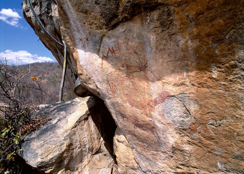 Red fine-line paintings includes a red ‘lightning’ design, kudu faced by two men with one of them holding bow and arrow, another man, running antelope and trail of porcupine tracks. Image ID: tankon0130003