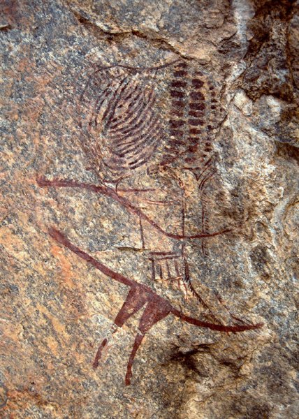 Geometric/abstract painting from Kondoa, with parallel lines and spots, featuring what looks like the front of an animal which has front legs but no head or hind quarters. Image ID: tankon0150004