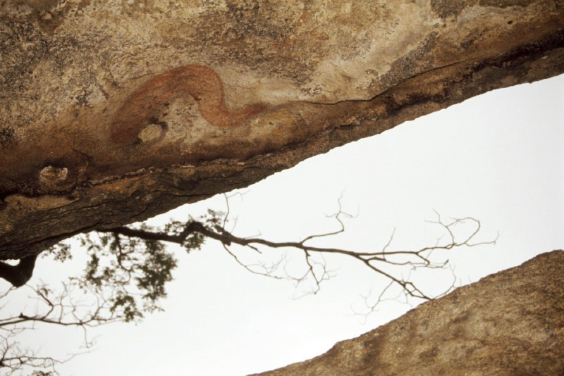 Painting of a fish appearring to emerge from the rock. Mashonaland, Zimbabwe. Image ID: zimmsl0030002