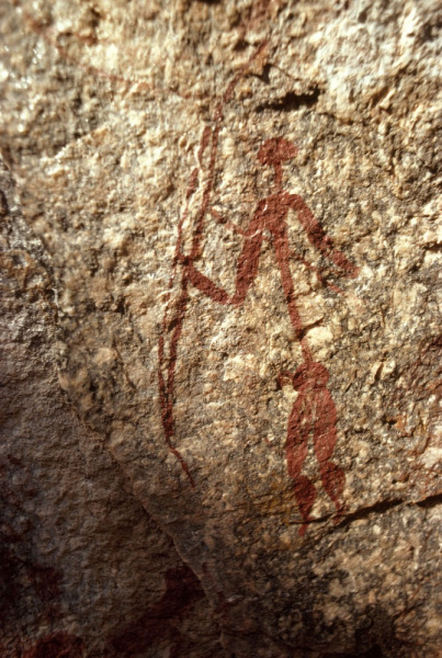 Fine line painting of elongated man holding bow and forked staff in either hand. Mashonaland, ZImbabwe. Image ID: zimmsl0310029