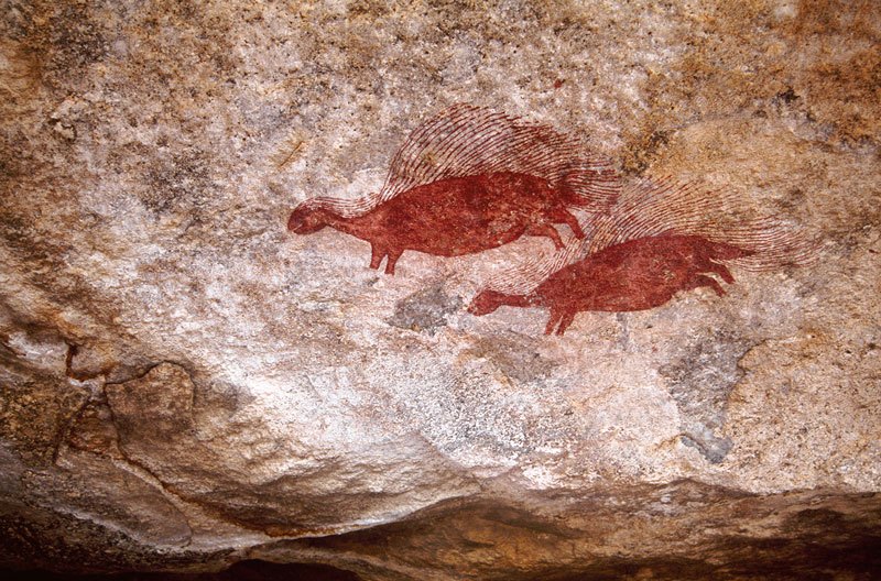 Mashonaland, Zimbabwe. Reptilian human figures above faded human figures and geometric designs. From top, horizontal figure with reptilian legs and head, and infibulated penis. Image ID: zimmsl0020006
