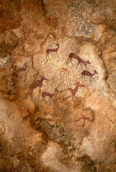 Mashonaland, Zimbabwe. Carefully drawn circle of maroon antelope around small central antelope, all facing left. Below left, antelope facing left with outline body (perhaps originally bichrome). Image ID: zimmsl0050003