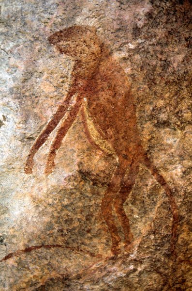 Mashonaland, Zimbabwe. Bichrome red and yellow ‘monkey’ standing facing left. Note stance is similar to dancing human figures: slightly bent at hips and arms hanging down. In fact, head, tail and paws are more feline then anthropoid. Image ID: zimmsl0060013