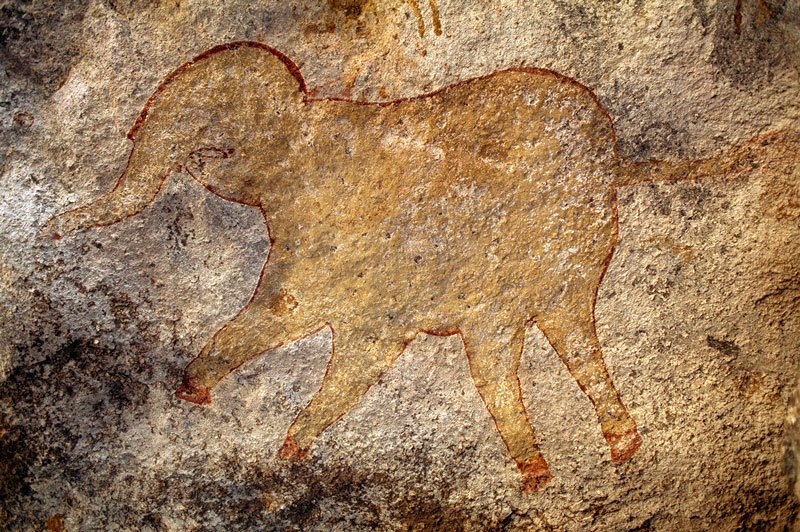 Mashonaland, Zimbabwe. Main painted panel in a shelter, over five metres long. The white paintings, drawn with the fingers, belong to the ‘Late White’ tradition and are sometimes superimposed over earlier fine-line, polychrome and red paintings drawn with a brush. Image ID: zimmsl0070003