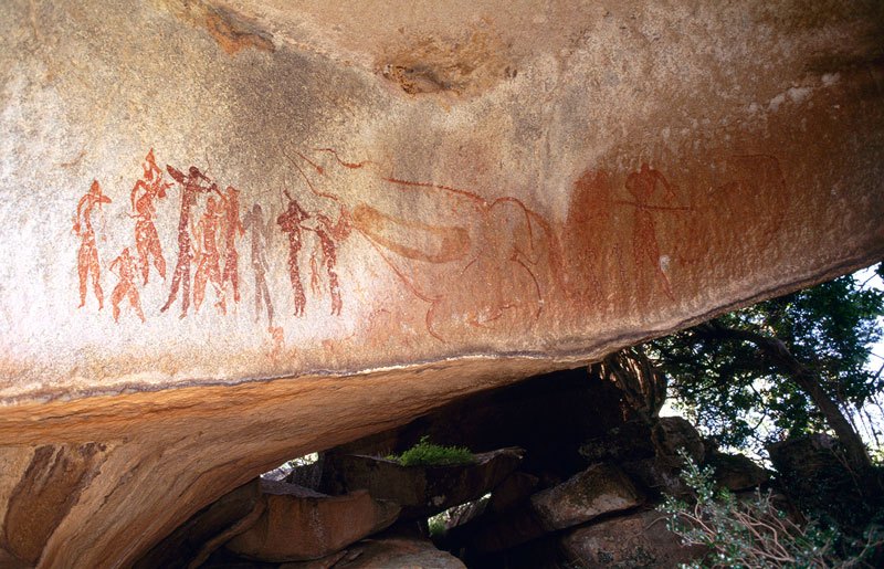 Mashonaland, Zimbabwe. Panel depicting the so-called ‘Crocodile Hunt’. Ten red men holding objects stand to left of crocodile that bleeds from thigh, while eleventh man stands to right of crocodile holds spear(?) against body of second crocodile. Between large crocodile and eleventh man is red geometric design. Image ID: zimmsl0170001