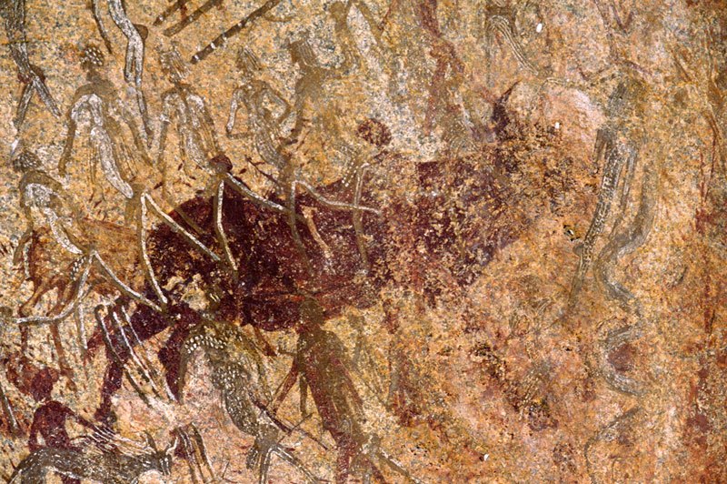 Mashonaland, Zimbabwe. Painted panel. Buffalo facing right, superimposed by row of elaborately decorated figures walking left. Person holding dog on leashes. Antelope (kudu?) superimposed by buffalo. Right, vertical snake. Image ID: zimmsl0260021